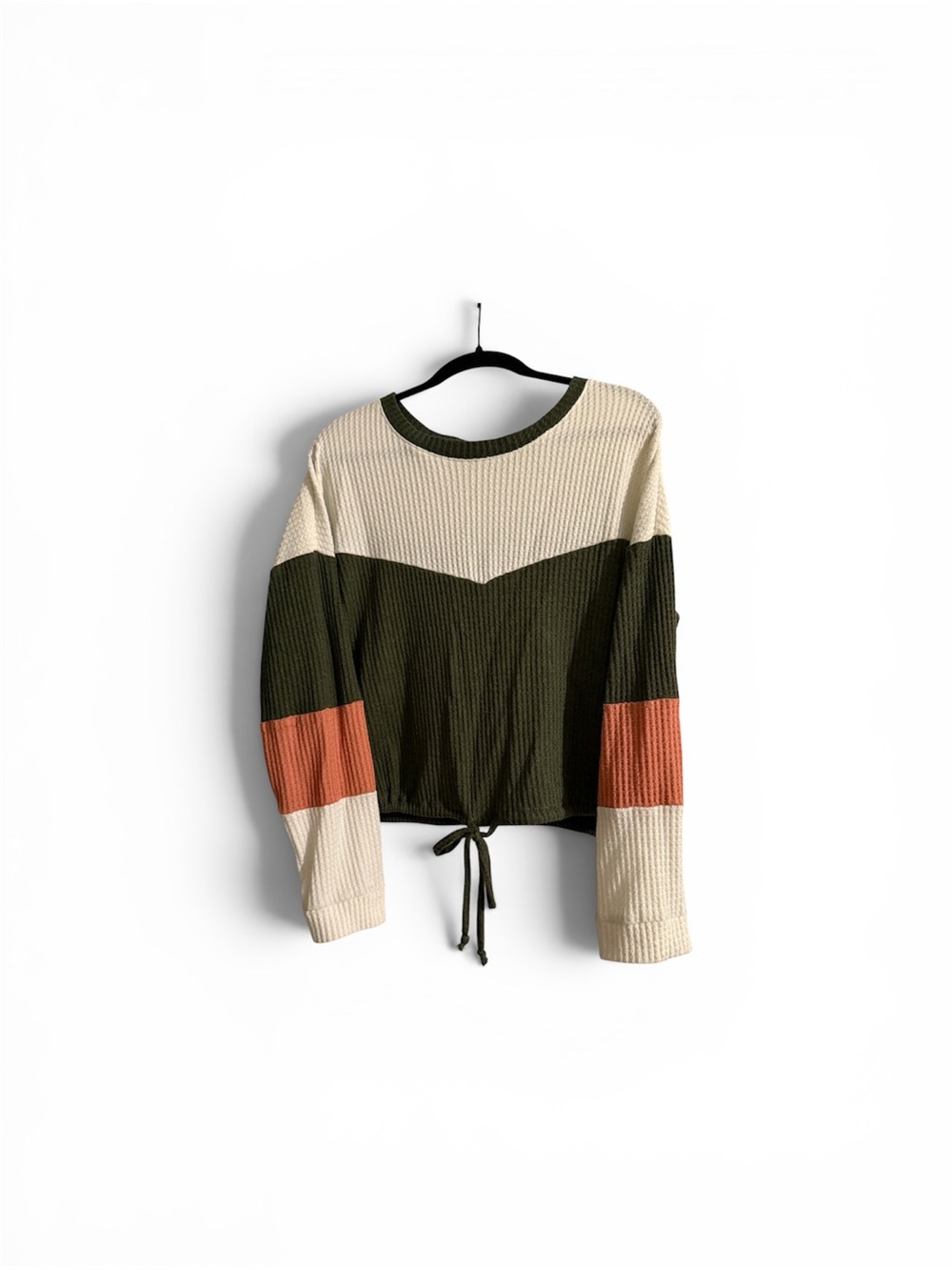 No Boundaries Colorblock Tie-Hem Waffle Knit Top - Olive/Cream/Rust